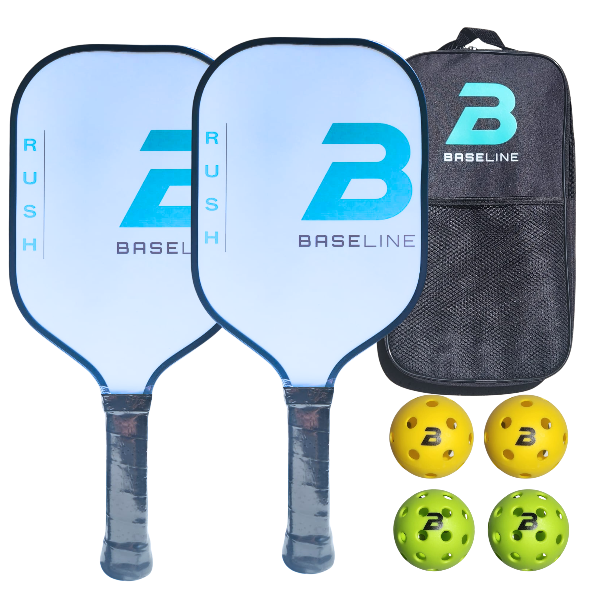 BASELINE Rush Fiberglass Pickleball Set - 2 Paddles, 4 Balls and Paddle Bag WHITE