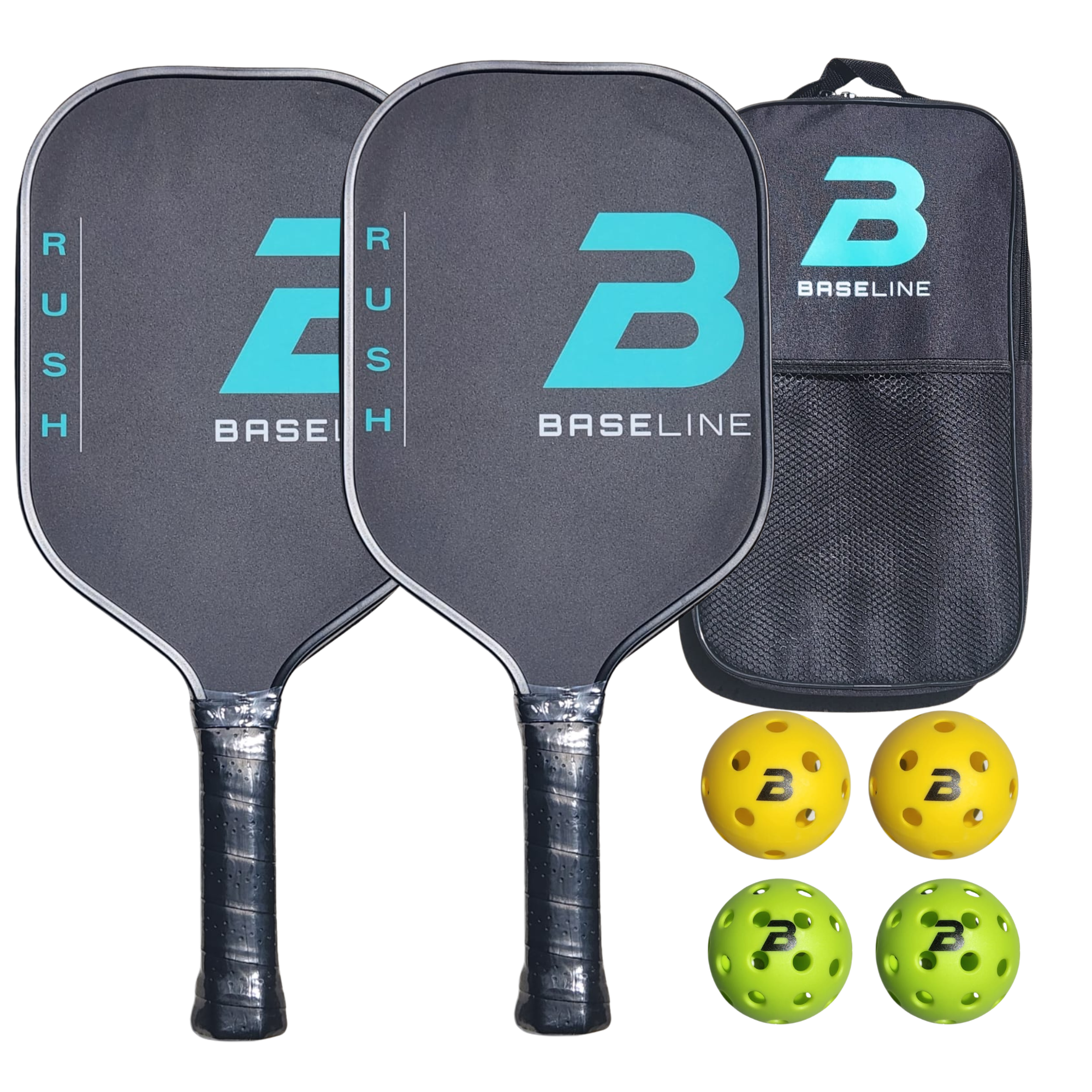 BASELINE Rush Fiberglass Pickleball Set - 2 Paddles, 4 Balls and Paddle Bag BLACK