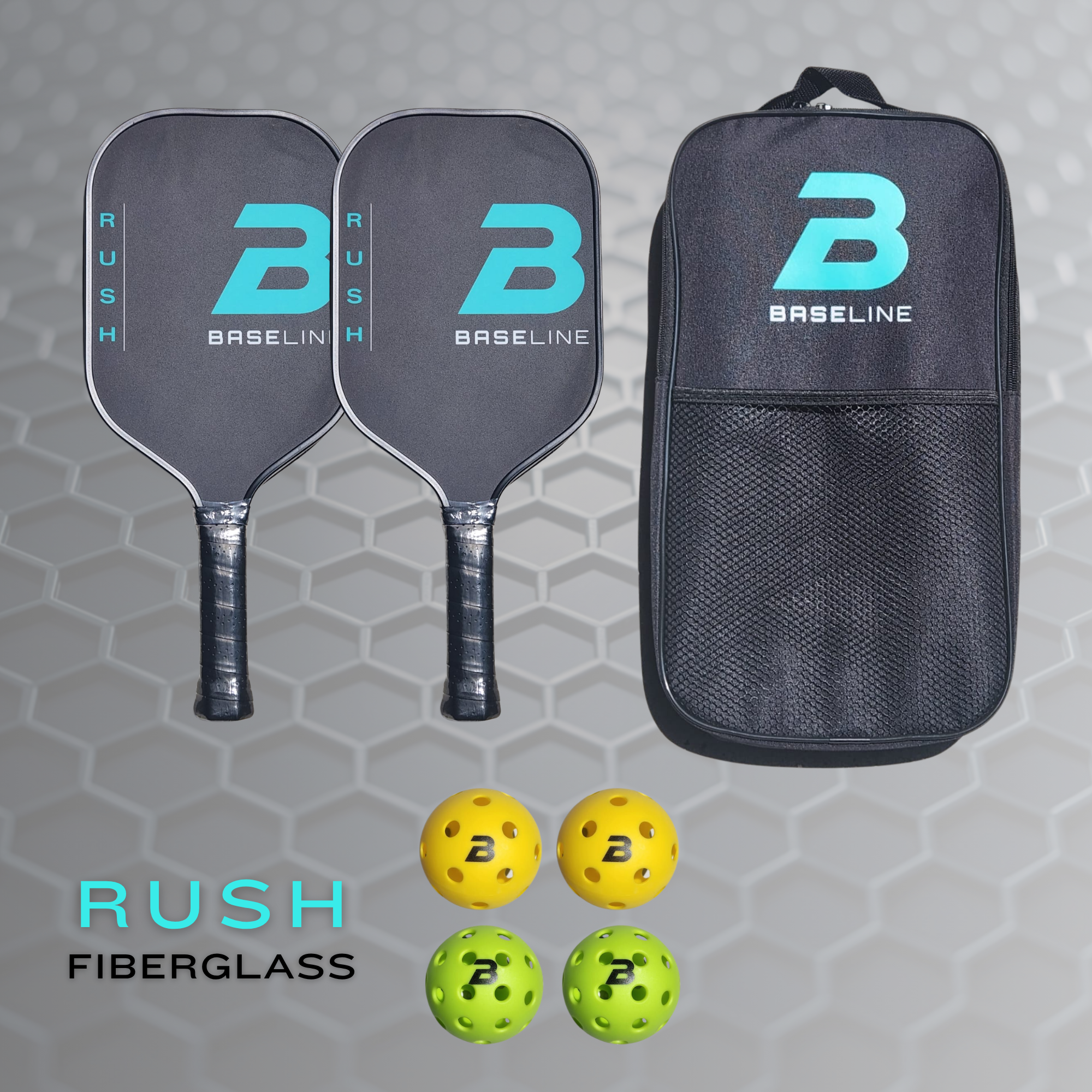 BASELINE Rush Fiberglass Pickleball Set - 2 Paddles, 4 Balls and Paddle Bag BLACK