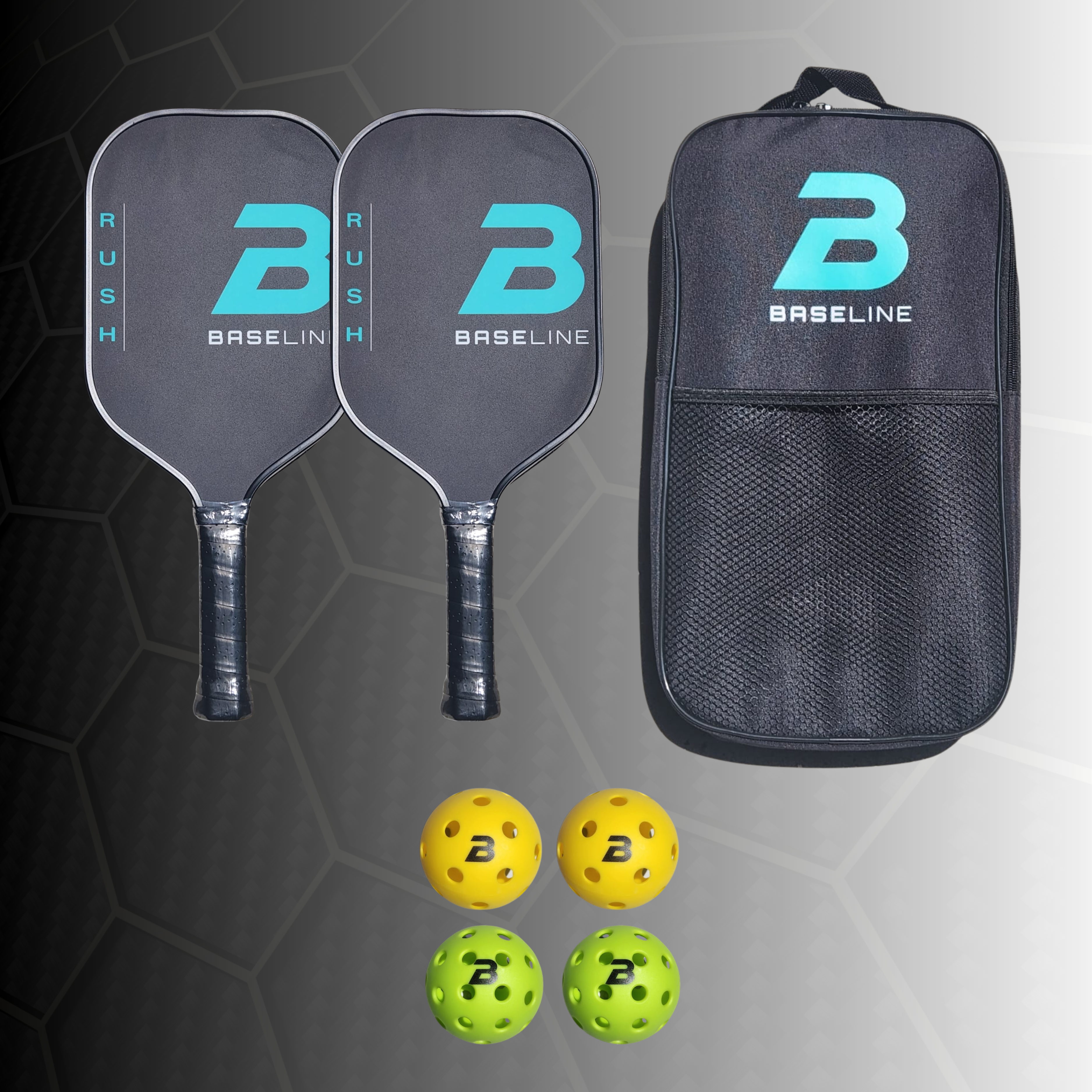 BASELINE Rush Fiberglass Pickleball Set - 2 Paddles, 4 Balls and Paddle Bag BLACK